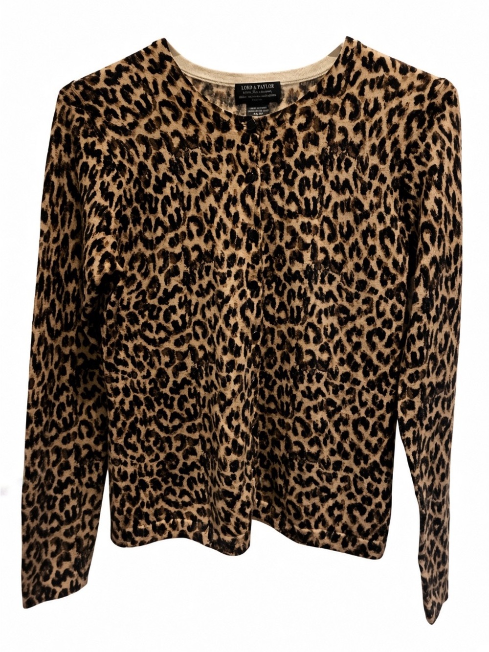 Lord & Taylor Leopard Print Crewneck Cardigan extra fine Merino wool petites